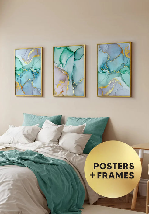 Set Of 3 Posters Watercolor Blue Real Gold + 3 Gold Metallic Frames 50x70cm
